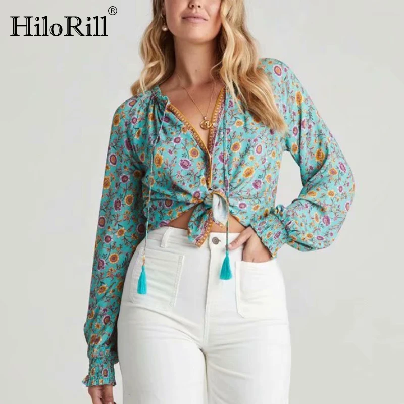 

HiloRill Summer Women Boho Long Sleeve Blouses 2021 Chic V Neck Floral Print Blouse Shirt Female Ruffle Casual Loose Tunic Tops