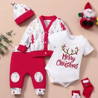 hot selling baby christmas clothes 4 pcs sets short sleeve bodysuitcoatstrousershat festival cotton baby clothes cotton 0 18m