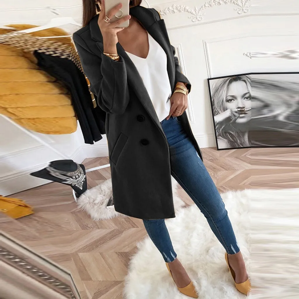 Женское осенне-зимнее шерстяное пальто длинный рукав отложной воротник