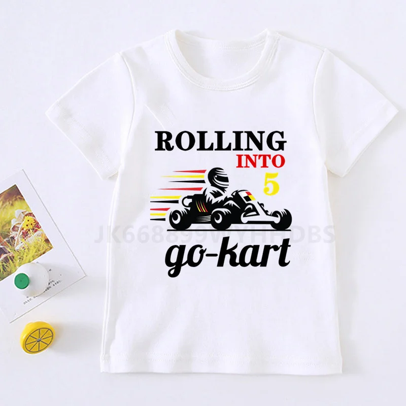 

2021 Boys Go-kart Rolling Into 1-10 Birthday Number T Shirt Children Birthday Boy Trucks T-shirts Boy&Girl Car Tshirt Present