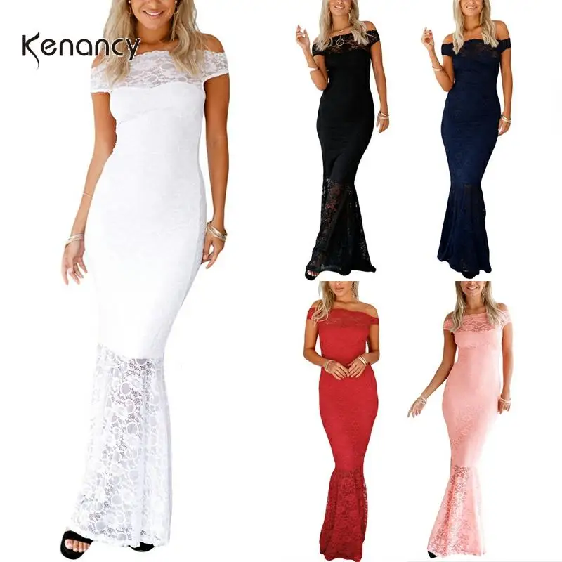 Женское платье макси с открытыми плечами Kenancy однотонное облегающее кружевное