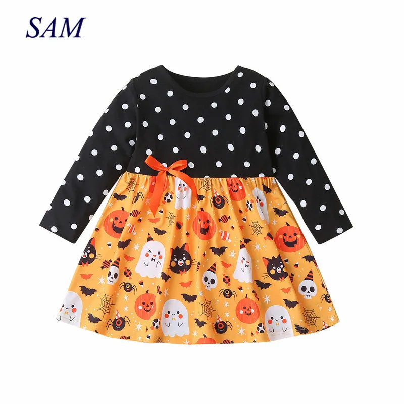 Платья на Хэллоуин для девочек Детское платье в горошек с бантом длинными