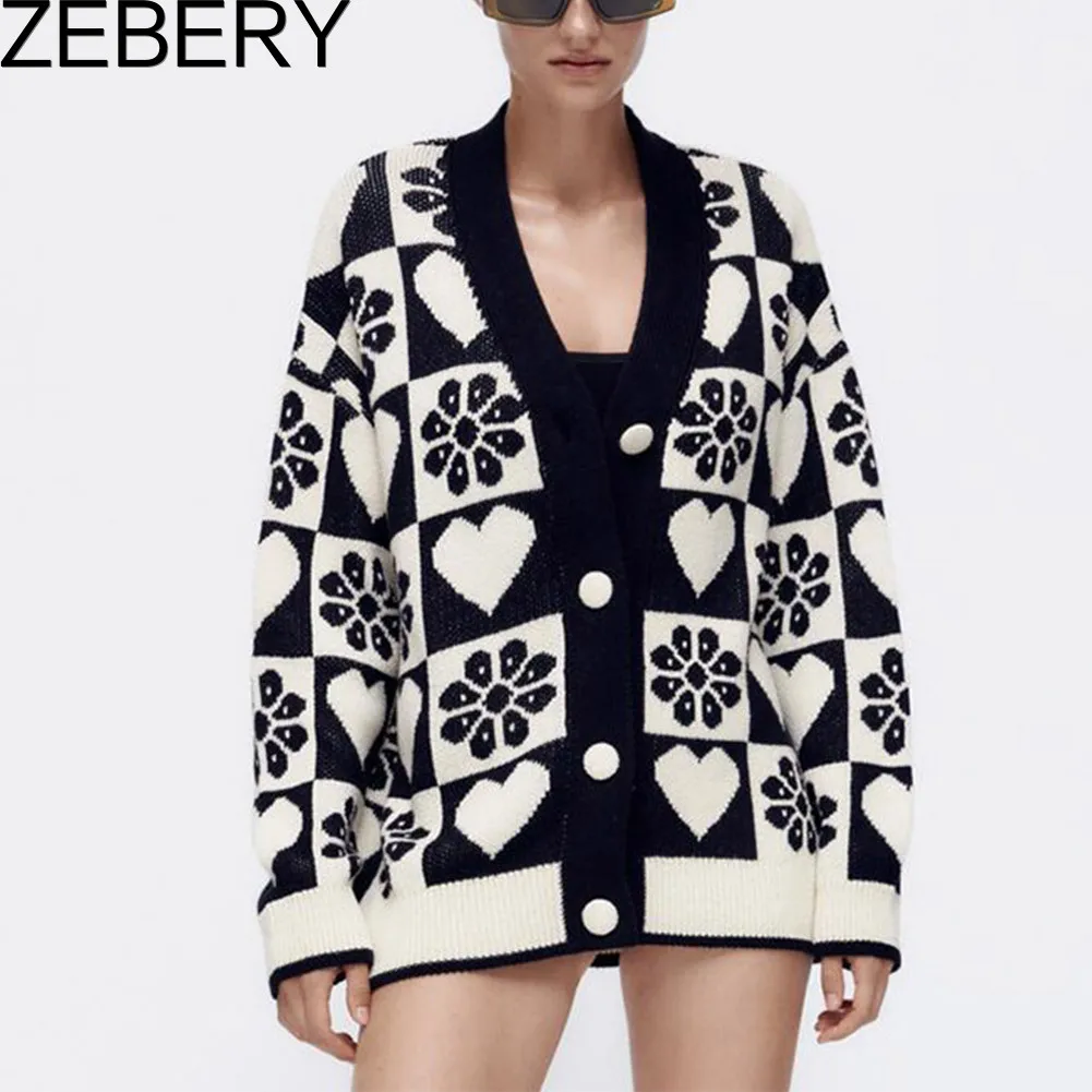 

ZEBERY Women 2022 Fashion Jacquard Loose Knit Cardigan Sweater Vintage Long Sleeve Covered Buttons Female Outerwear Chic Tops