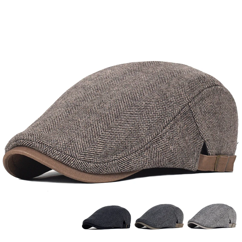 Big Size Newsboy Cap Men Winter Wool Thick Warm Vintage Herringbone Casual Stripe Berets Gatsby Flat Hat Peaked Cap Adjustable