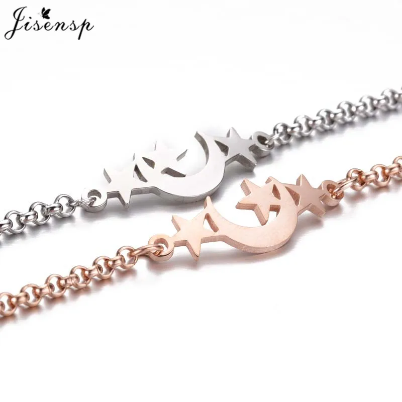 Jisensp Korean Style Moon and Stars Stainless Steel Bracelet Fashion Jewelry for Women Girls Delicate Star Luna Charm | Украшения и