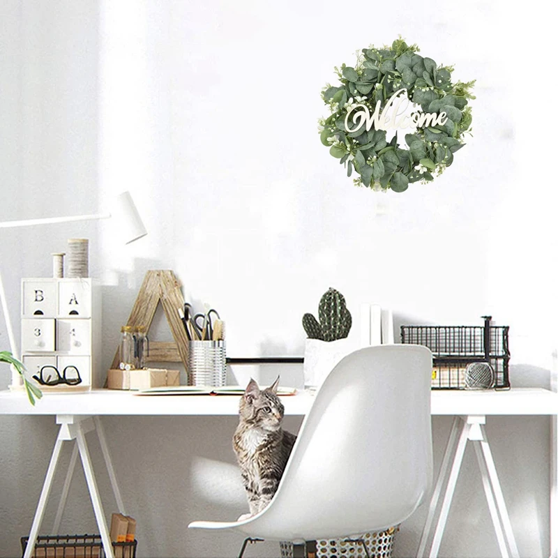

Artificial Eucalyptus Leaves Welcome Decorations Wreath for Front Door Wall Window Farmhouse Home Indoor Outdoor Decor