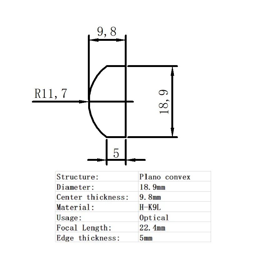 

Plano Convex Lens Diameter 18.9mm Focal Length 22.4mm H-K9L Glass Lens Optical Glass Optical Lens