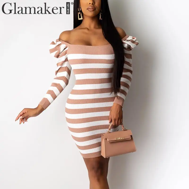 Женское Короткое платье в полоску с рукавами фонариками и квадратным