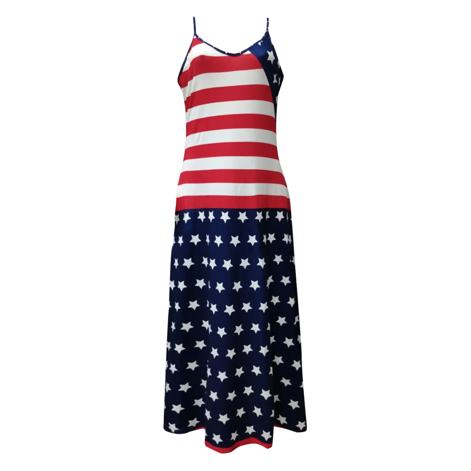 

Summer Dress For Women Independence Day Print Sleeveless V-neck Maxi Dress Female Loose Party Cami Dress With Pockets#35