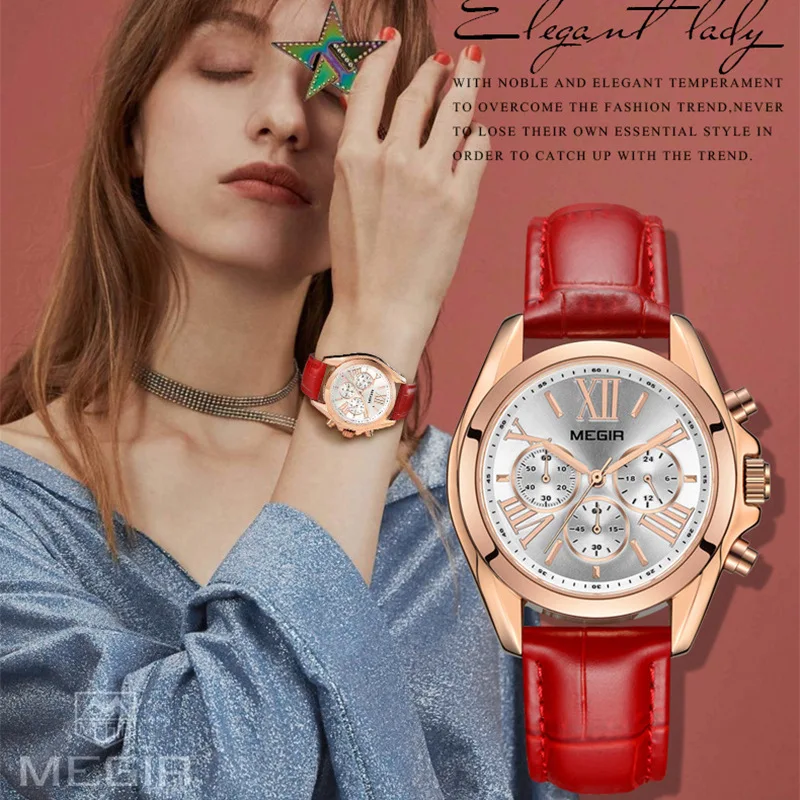 MEGIR женские часы циферблат с римскими цифрами роскошные розовое золото