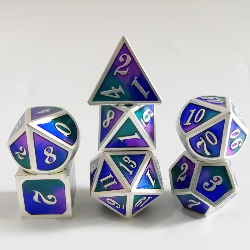 Игральные кости Металлические РПГ набор многогранные для подземелья и драконов d20 10 8 12 настольная игра сплав цинка Серебристые игральные кости с цифрами шаблон