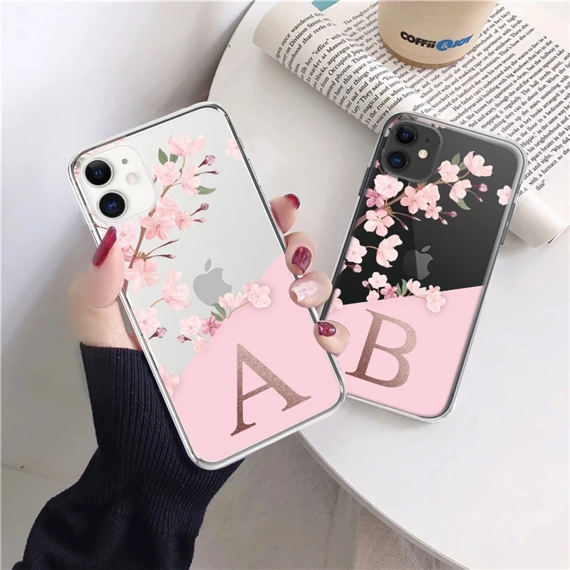 pink flowers initial letter a to z transparent phone case for iphone 11 13 pro max 12 pro max 7 8 plus xs max x xr soft cover free global shipping
