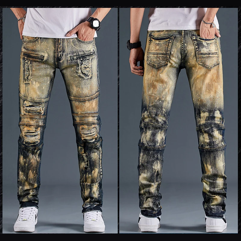 

Men'S Pants Jeans Locomotive Fashion Denim Trousers Biker High Quality Male Straight Casual Designer Ripped Comfortable Advanced