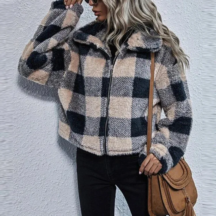 

2021 Autumn Winter Casual Stitching Plaid Coat New Fashion Streetwear Zipper Women Retro Lapel Fluffy Cardigan Pocket Top Jacket