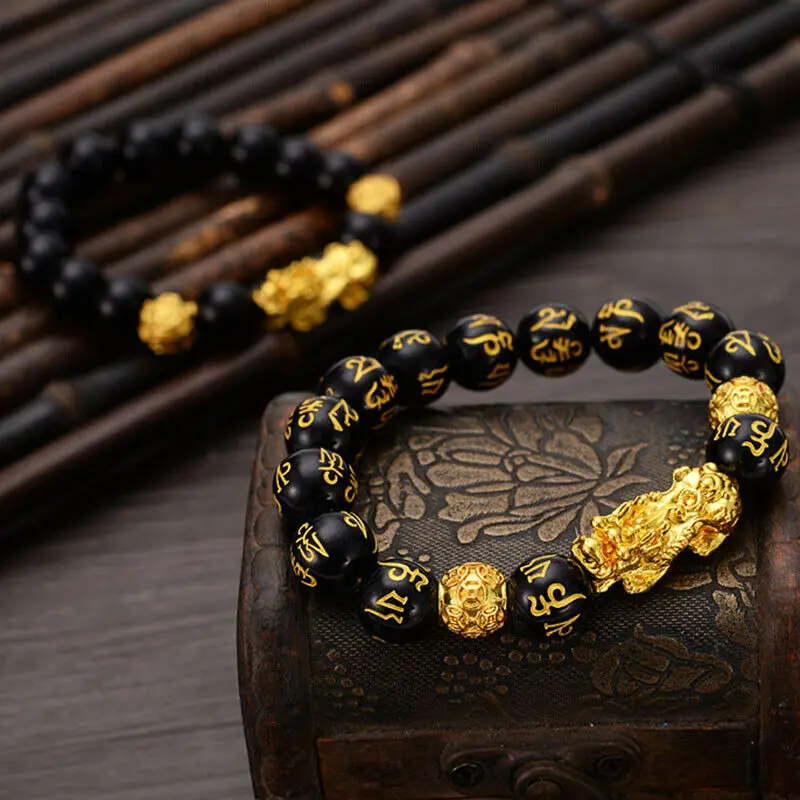 Unisex Men Bracelet Lucky Buddha Obsidian Stone Bead Bracelets Chinese FengShui Pi Xiu Color Changing Wristband Wealth | Украшения и