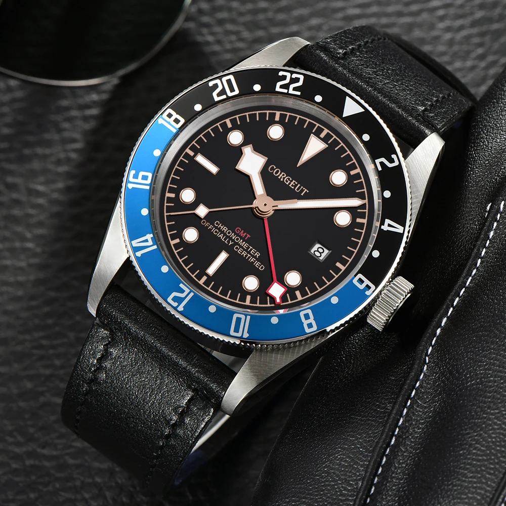 Corgeut люксовый бренд Schwarz Bay GMT Мужские автоматические механические часы Военные Спортивные часы для плавания кожаные механические наручные часы