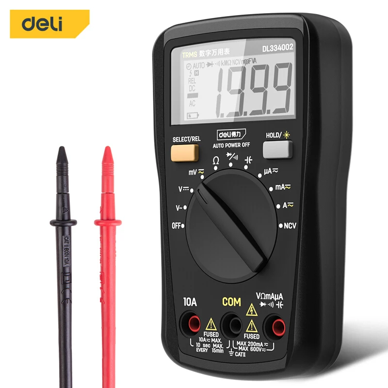 Deli Professional Handheld Digital Multimeter tester Auto Range Voltmeter ammeter Overload Protection Lntelligent Anti-Burn