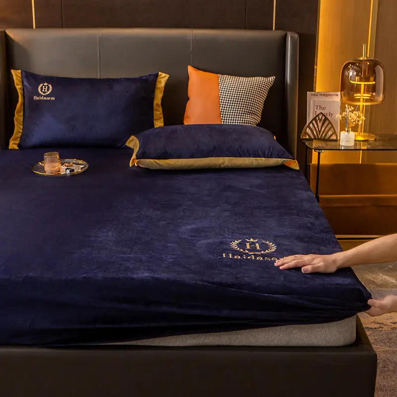 High-end Embroidery Elastic Bed Fitted Sheet Baby Velvet Anti-mite Mattress Cover Solid Color 1pcs Winter Warm Soft Queen | Дом и сад
