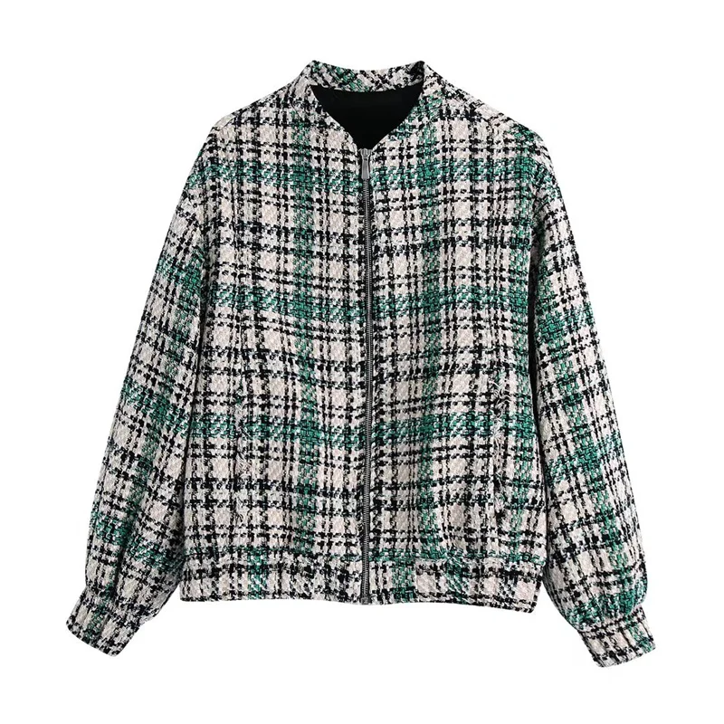 

Куртка-бомбер женская твидовая в клетку, с круглым вырезом, на молнии
