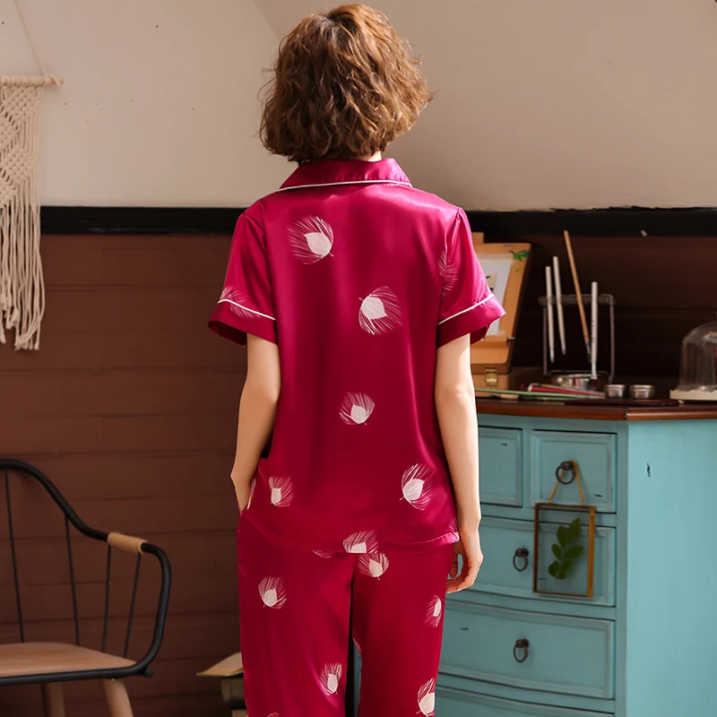 

Hot Sale 2019 Summer New Women Short Sleeve Leaf Pajamas Set Loose Rayon Silky Pajama Suit Sleepwear Nightwear