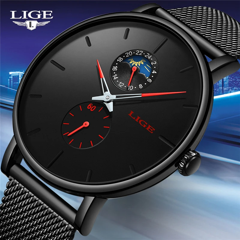 Часы наручные LIGE Мужские кварцевые повседневные красные водонепроницаемые