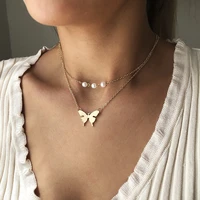 new fashion trendy choker necklace jewelry imitation pearl butterfly pendant clavicle chain necklaces for women wholesale bulk