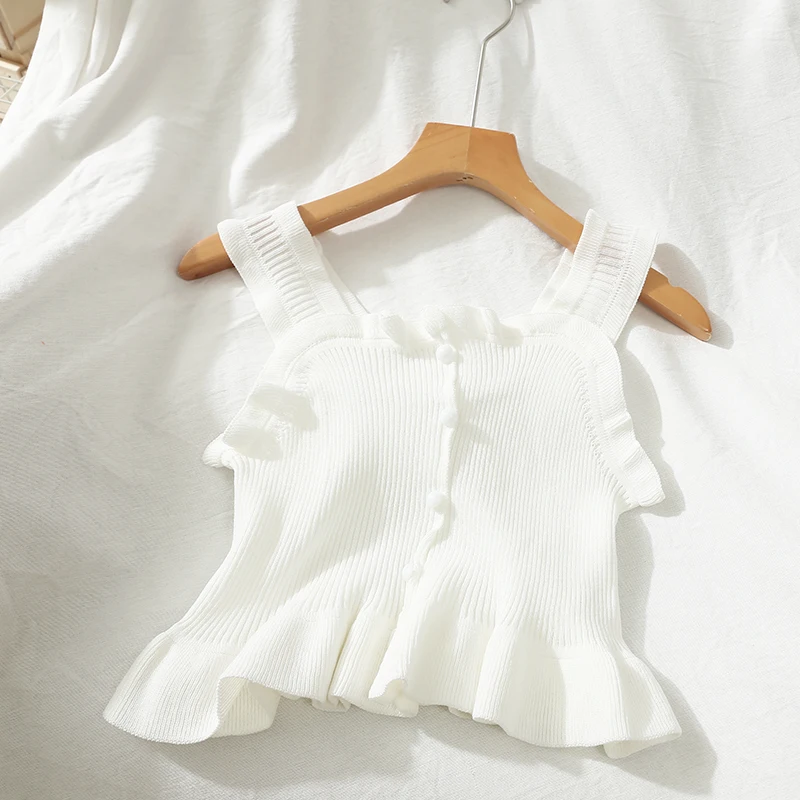 

Pearl Diary Women Casual Tank Top Flounce Hem Sleeveless Sweater Top Button Up Crop Top Going Out Top Cute Camis