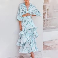 in the summer of 2021 the new blue chiffon group suit v neck lantern sleeve long bust skirt of tall waist cake