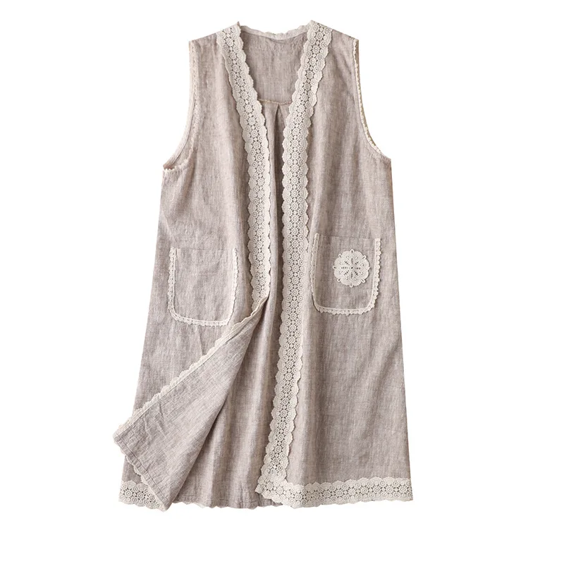 

SHUCHAN 2021 Linen Spring/Autumn Vest Women Korean Fashion Pockets Patchwork Lace Long Open Stitch V-Neck Woman Vests