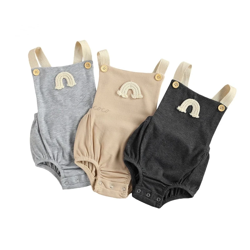

Toddler Baby Rainbow Embroidery Ribbed Bodysuit, Infants Sleeveless Suspender Romper, Square Collar Button Decoration Clothing