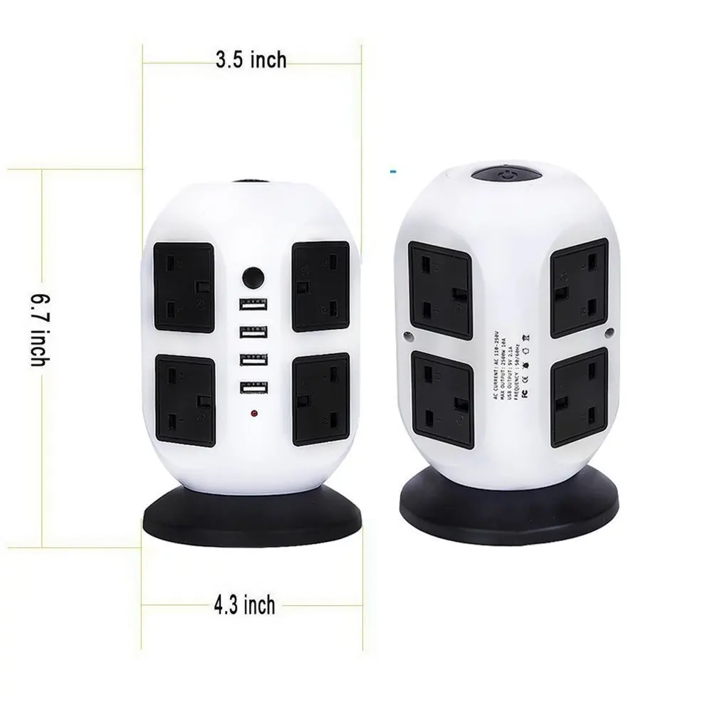 Tower power Strip Вертикальный адаптер питания штепсельная вилка Великобритании 8 электрических розеток переменного тока с USB стабилизатором напряжения 2 м/3 м удлинитель