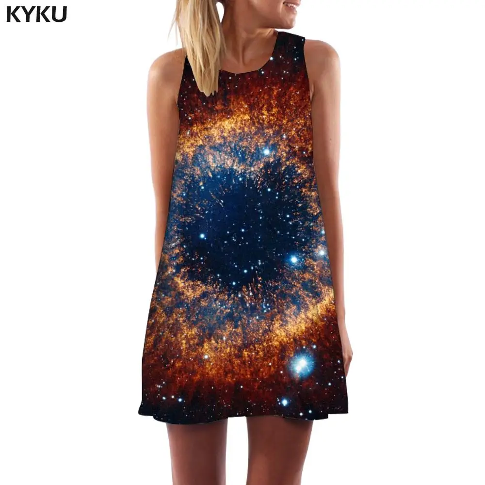 KYKU Brand Galaxy Dress Women Nebula Boho Space Korean Style Universe Sundress Womens Clothing Elegant Gothic Large Sizes