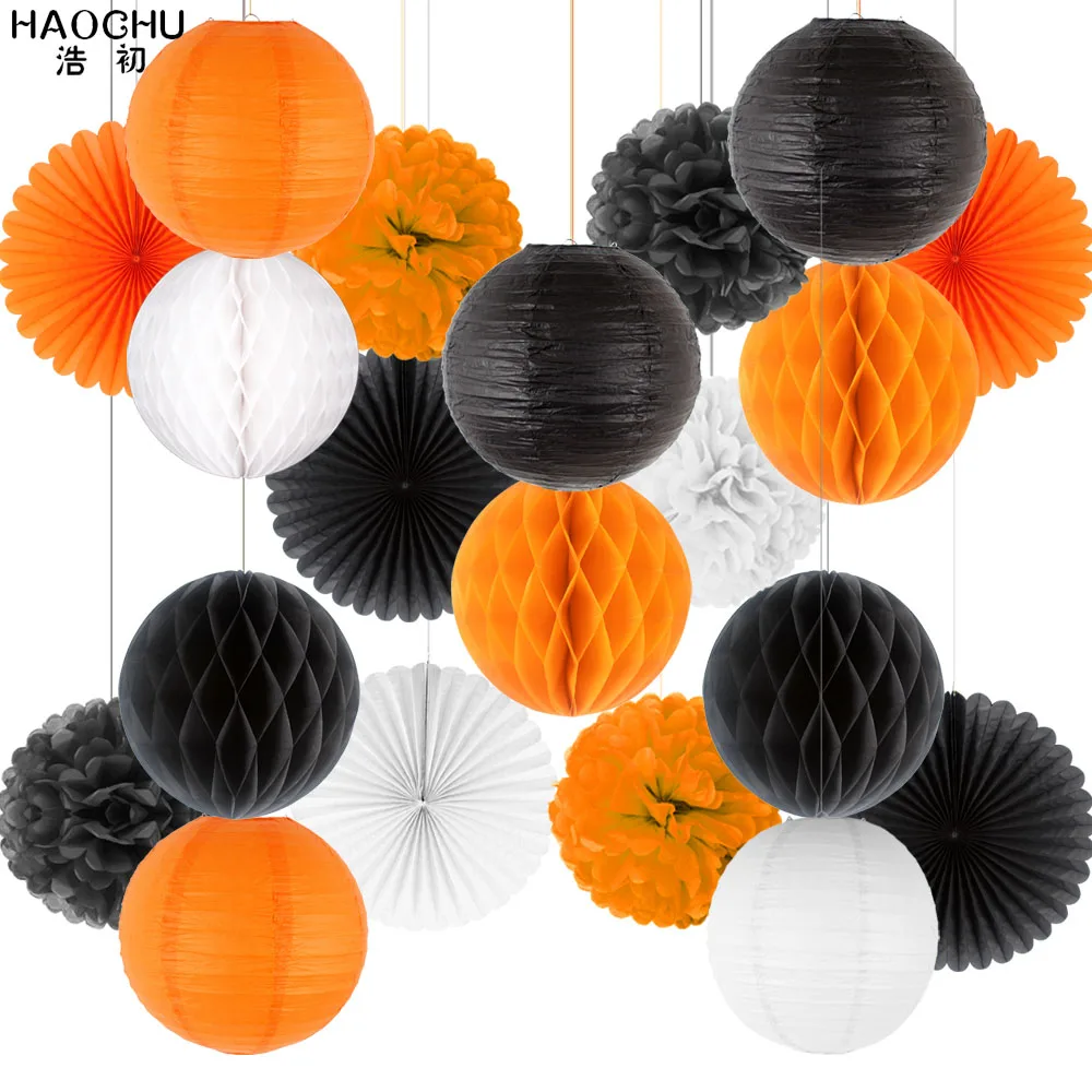 Orange Black 20 шт./компл. Бумага Фонари/Pom Poms/Подвесные вентиляторы/ячеистой панели бумажный шарик Бумага вечерние для художественного оформления ногтей, ручная работа душевых кабин для свадебы, дня рождения, для фестиваля - Цвет: Orange Black