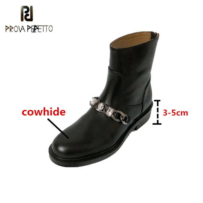 

Prova Perfetto Genuine Leather Rhinestone Metal Decoration Thigh Boot Round Toe Zipper-Sid Non-Slip Solid Color VulcanizedShoes