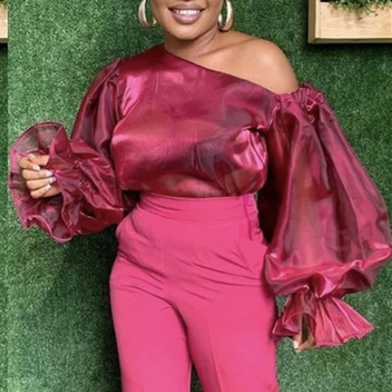 

Plus Size Women Tops One Shoulder Blouse Shirt 2021 New Summer Classy Modest Vintage Elegant Matching Tops for Office Lady