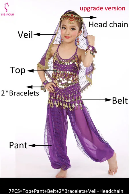 Purple 7pcs 8 цветов детский набор костюма для танца живота Восточные Танцевальные костюмы для девочек Египетский Болливуд индийский танец живота одежда - Цвет: Purple 7pcs