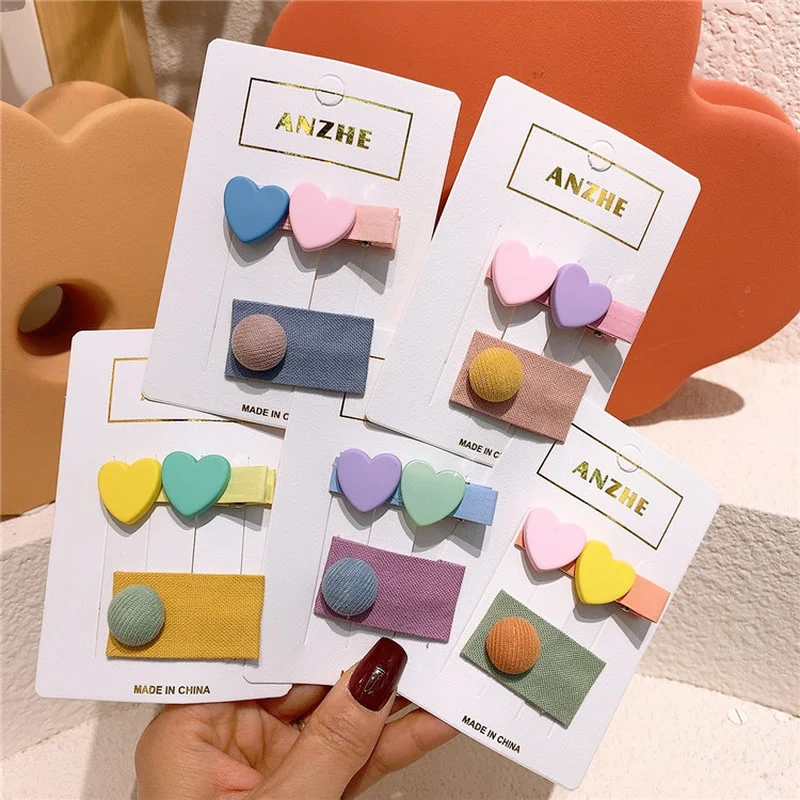 

2 Pcs New Korean Cute Children's Colorful Love Duckbill Clip Fashion Sweet Girl Princess Fabric Button BB Clip Hair Accessories