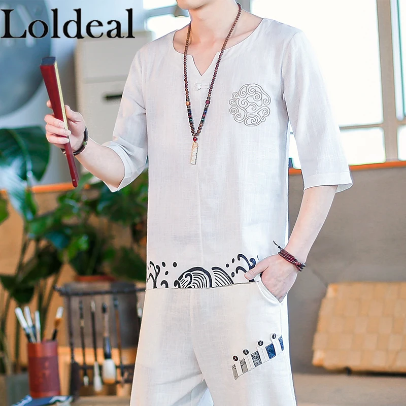 

Loldeal Chinese Style Short-sleeved T-shirt Men's Slim V-neck Cotton and Linen Print Pullover