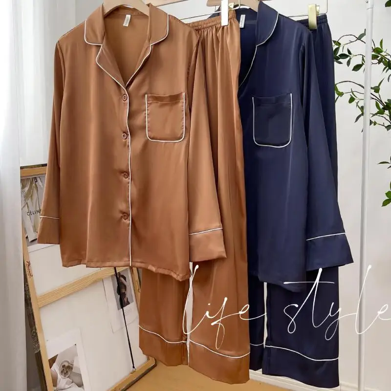 Комплект пижамный атласный женская одежда для сна на пуговицах с лацканами