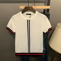 summer short sleeve men korean slim stripe contrast knitted shirt youth fashion handsome personality top