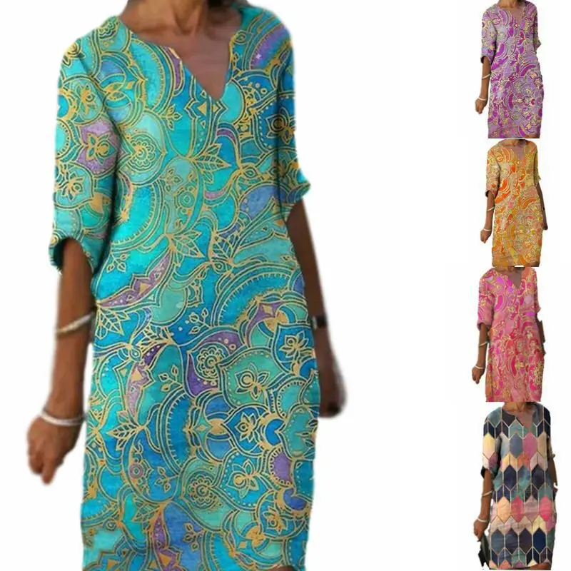 

WEPBEL Dress Women's Casual High Waist Dress Summer Fashion Floral Print V-neck Loose Half Sleeve Dress