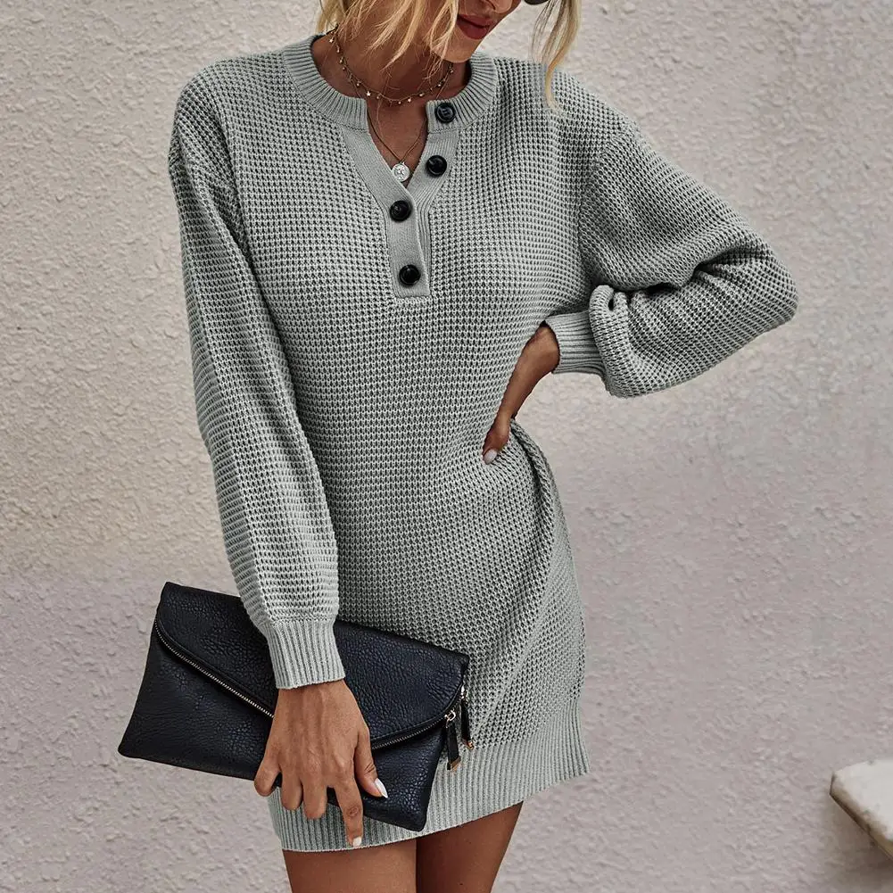 

Women Knit Sweaters Autumn Winter Long Sleeve Sweater Dress V Neck Button Knitted Tunic Top Pullover Casual Button Up Dresses