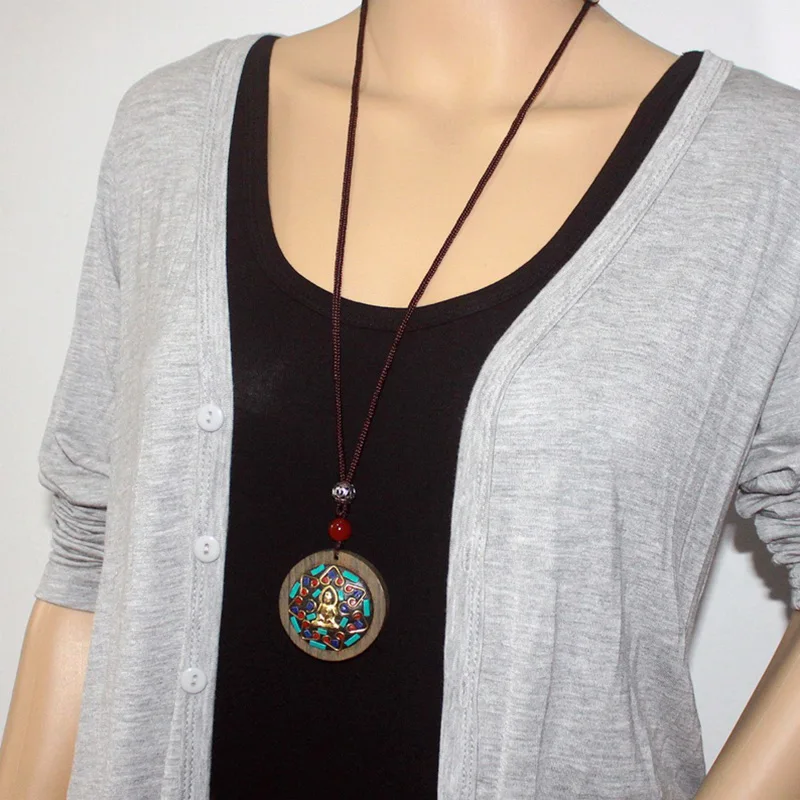 Natural Round Wood Pendant Necklace Sweater Chain Long For Men And Women Six Words Buddha Figure Casual Accessories Jewelry |