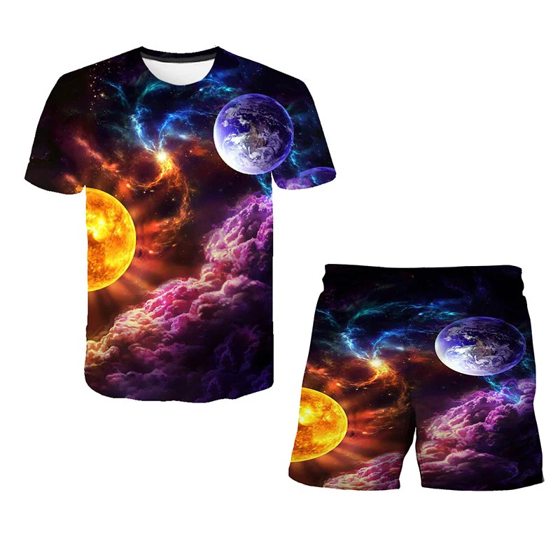 

3D printed children's T-shirt children's sky star astronaut two piece set cool boy jacket shorts girl fashion street clothes