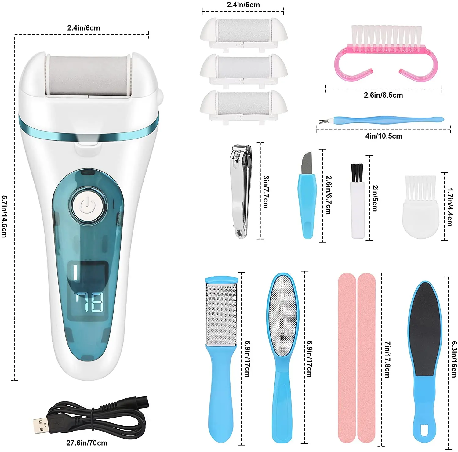 

Electric Foot Files Callus Remover, Rechargeable Callus Remover, Callus Rasp, Foot File with 3 Wheels, 2 Speeds, Foot Care Set