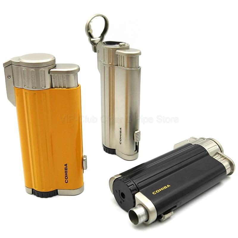 

COHIBA Metal 3 Torch Flame Cigar Cigarette Lighter Smoking Gadgets Butane Jet Lighter With Gift Box Windproof Refillable