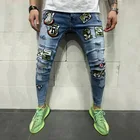 Мужские рваные джинсы, байкерские джинсы скинни с вышивкой, потертые эластичные джинсы, модные уличные джинсы в стиле хип-хоп