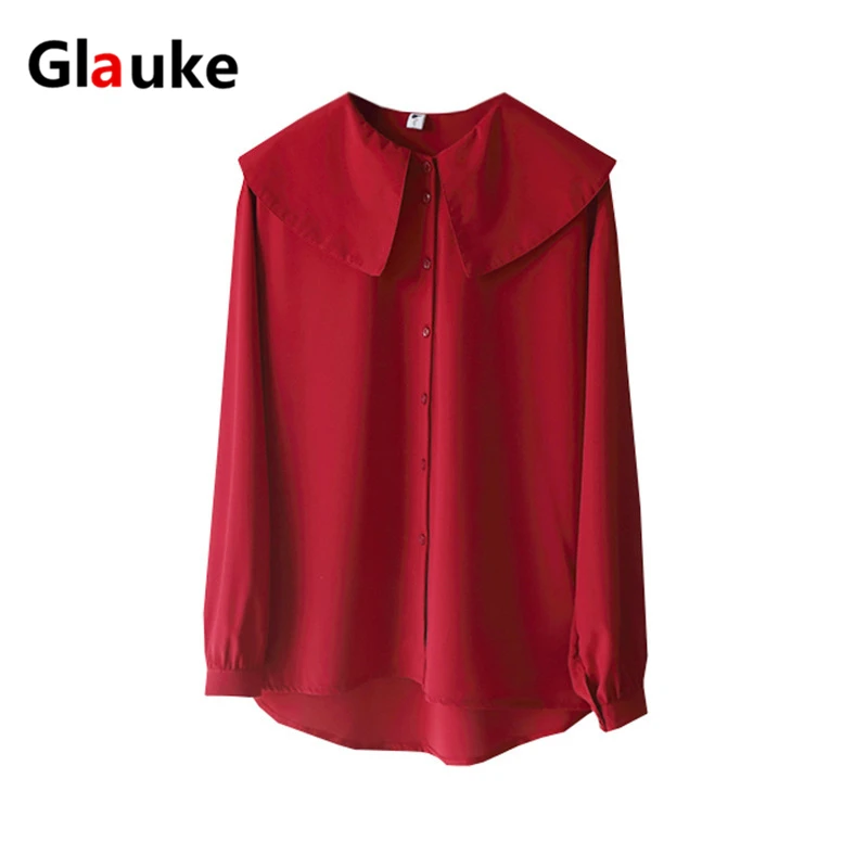 GLAUKE/Милая женская Свободная рубашка с большим воротником одноцветная