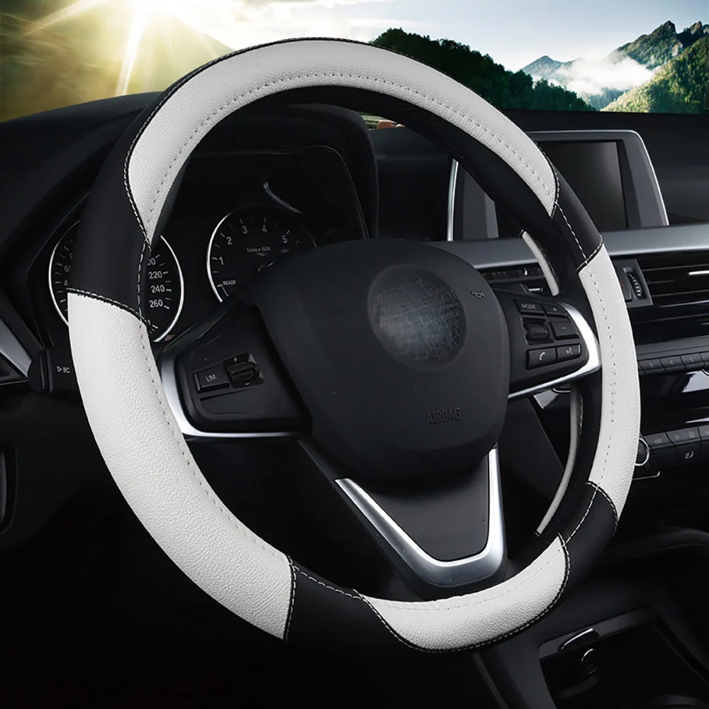 

QFHETJIE Four Seasons Universal Round Full Leather Car Steering Wheel Cover Wear-resistant Non-slip Fashion Accessories