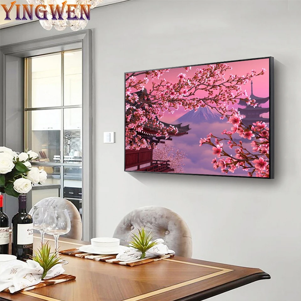 Cherry Blossom View 5D DIY Diamond Painting Landscape Mosaic Kit Sakura Mount Fuji Rhinestone Drawing Picture Home Decoration